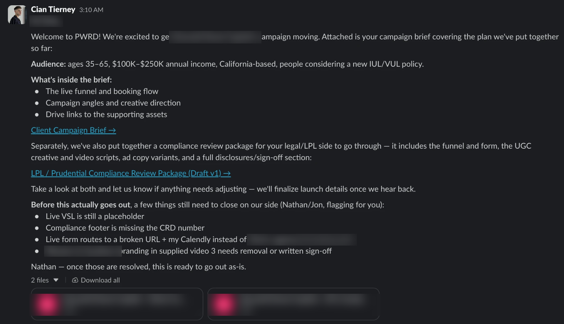 Message sending a client campaign brief and a compliance review package for legal review