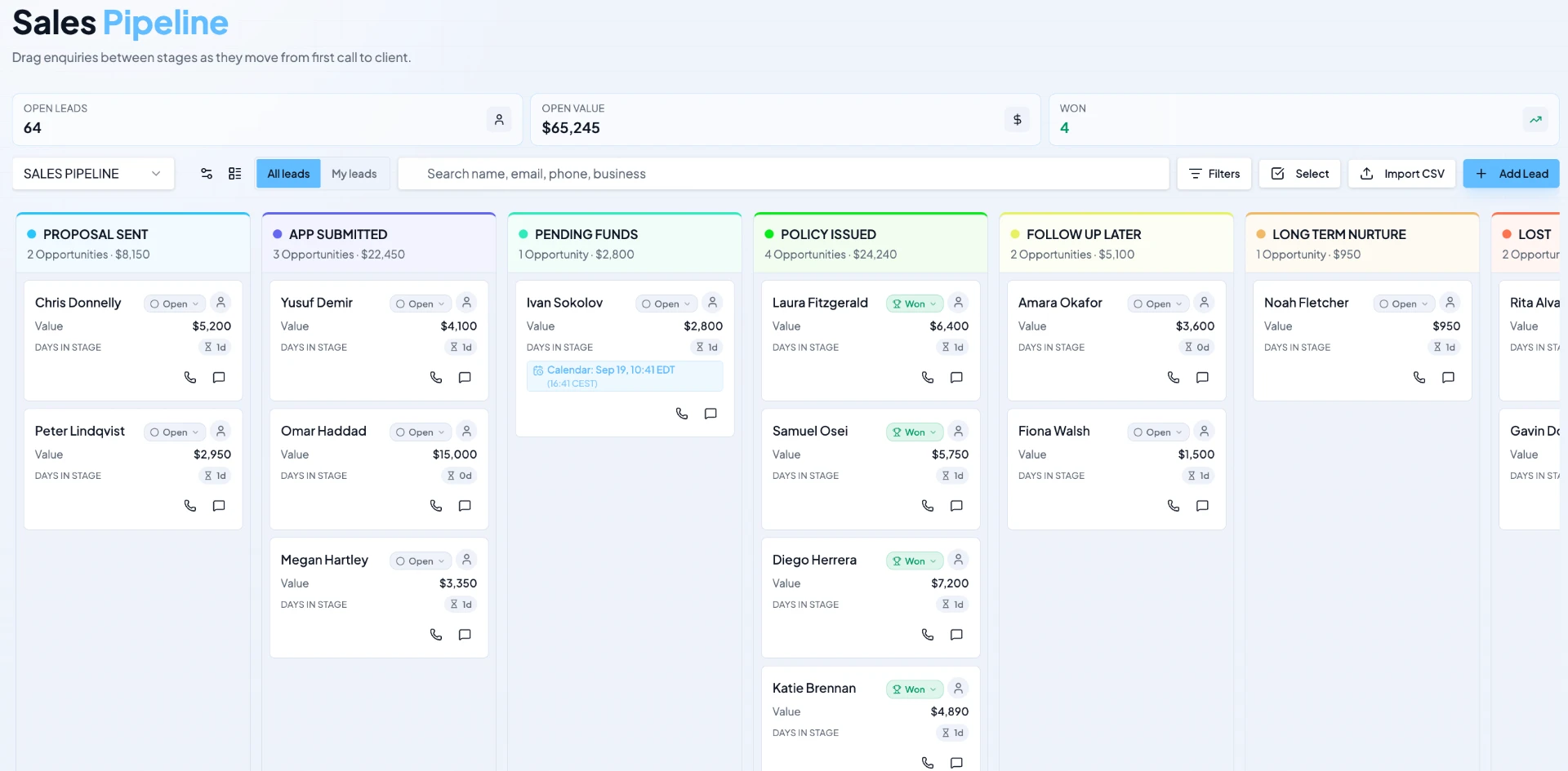 Sales pipeline board with stages from proposal sent to policy issued